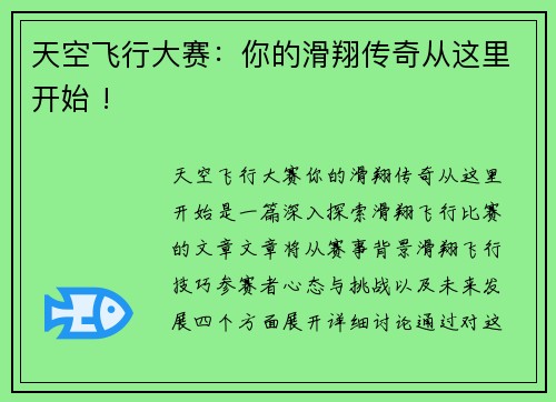 天空飞行大赛：你的滑翔传奇从这里开始 !